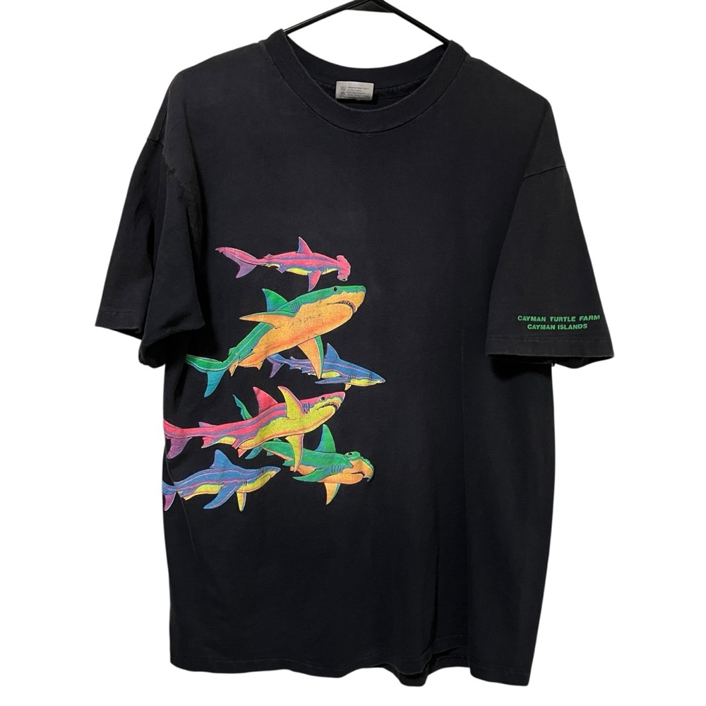 Vintage Neon Sharks Double Sided Cayman Turtle Farms Cayman Islands Graphic Tee